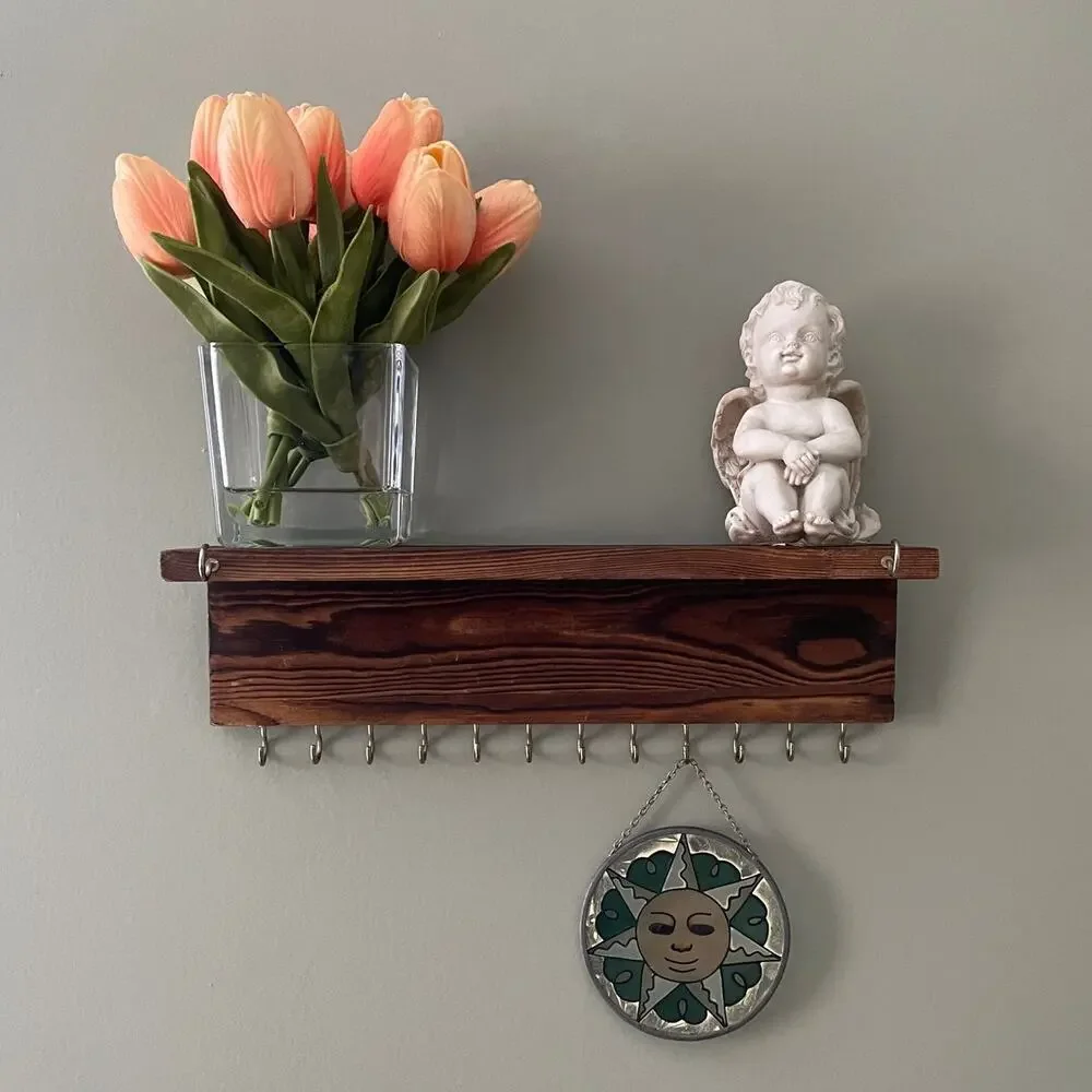 Vintage Wall Shelf with 14 Hooks - Entryway Key Jewelry Organizer